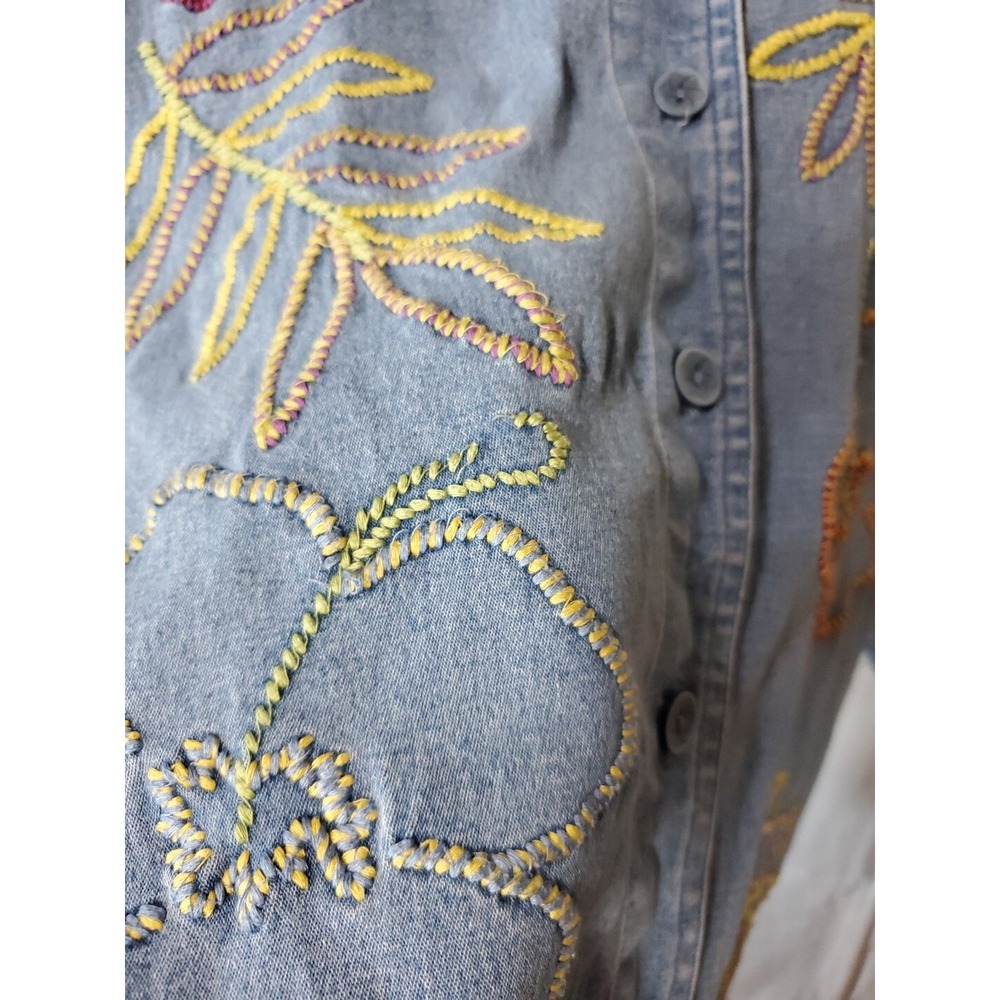 Béchamel Womens XL Blue Denim Embroidered Leaves & Flowers Button Up - Picture 5 of 5